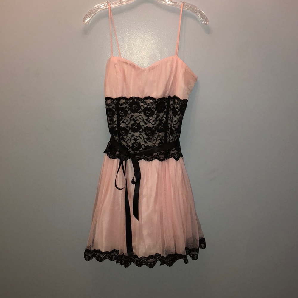 Formal pink dress with black lace and trim